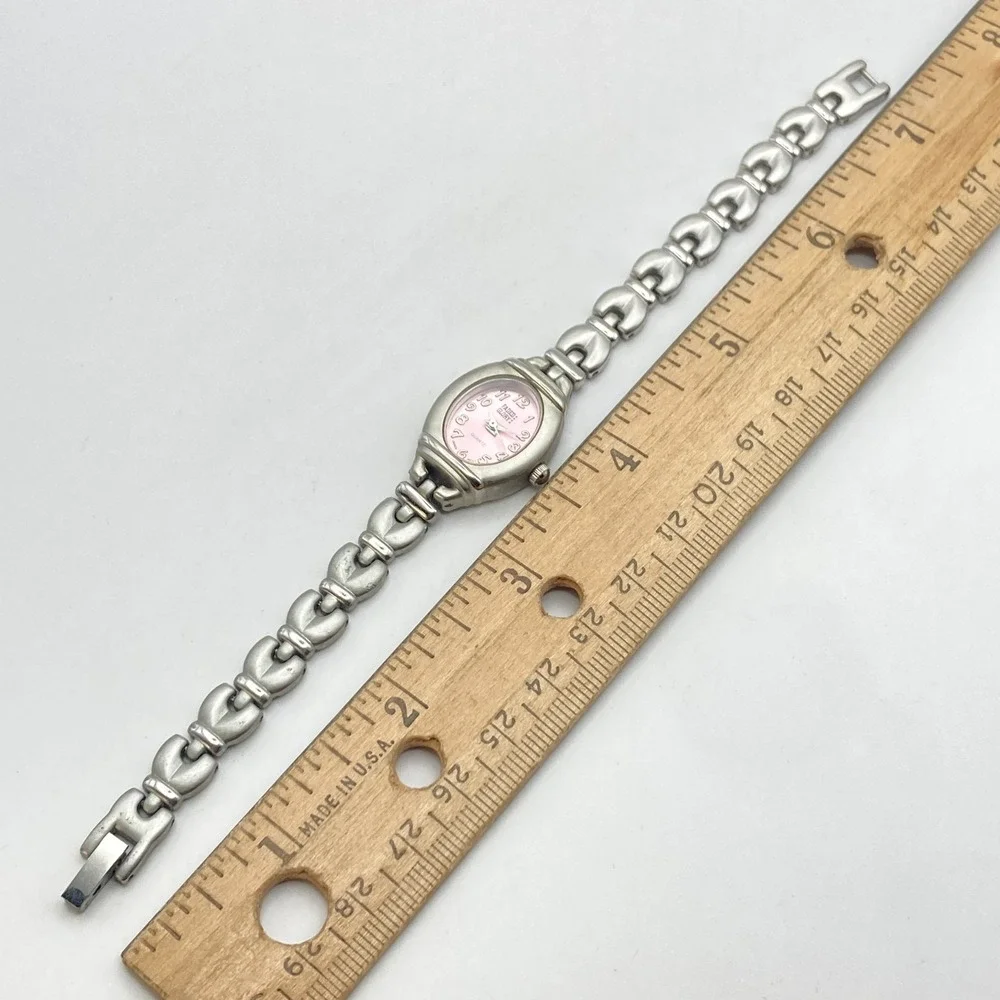 Vintage Faded Glory Women's Watch Matte Silver Tone Pink Oval New Battery 6.5